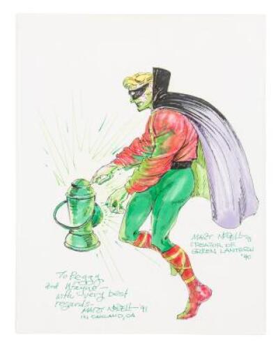 Collection of signed original comic art, prints, and ephemera by various artists, including an original piece by Mart Nodell, creator of the Green Lantern