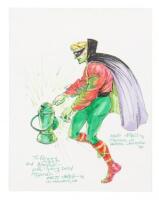 Collection of signed original comic art, prints, and ephemera by various artists, including an original piece by Mart Nodell, creator of the Green Lantern