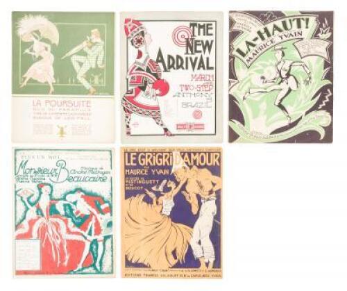 Five pieces of American and French sheet music with striking Art Deco-style cover graphics