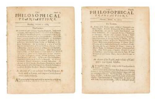Two issues of Philosophical Transactions with accounts of Optick Glasses, telescopes, whaling, etc.