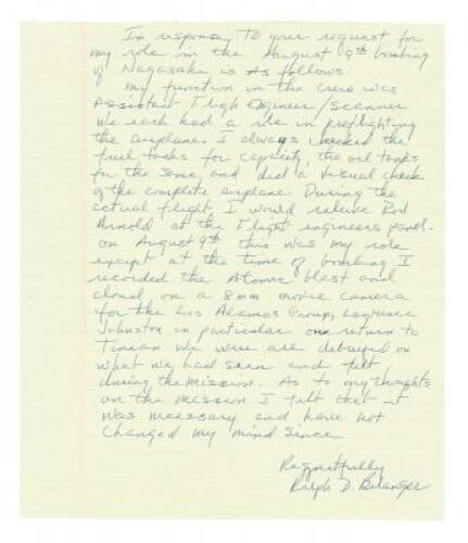 Manuscript by Ralph Belanger, flight engineer aboard the observation plane on the Nagasaki bombing mission, describing the events and his role