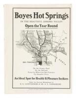 Boyes Hot Springs in the beautiful Sonoma Valley, open the year round. On the County Road, on the railroad, forty-five miles from San Francisco via Sausalito Ferry, an ideal spot for health and pleasure seekers