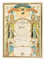 Elaborate color lithographed charter for a chapter of the Independent Order of Foresters located in Auburn, California