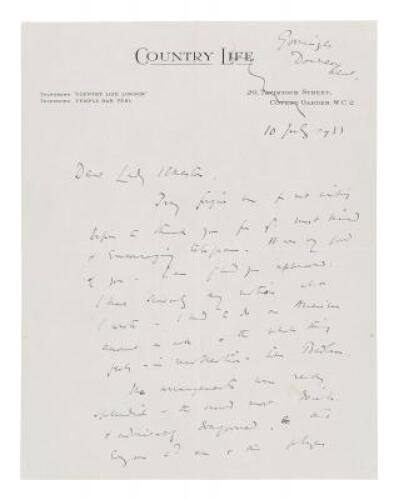 Autograph letter on Country Life letterhead