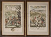 Two prints of fox-hunting scenes from Blome's "Gentleman's Recreation"