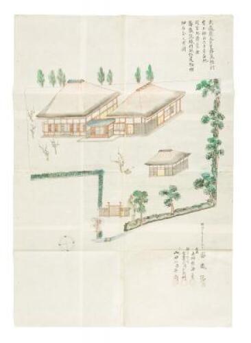 Japanese hand-painted architectural manuscript plan of the Taki Gashira Mura Mitsu Zoin temple