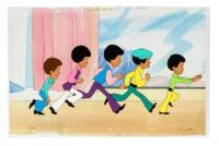 Hand-painted production cel of the Jackson Five running, production set-up with print background made from the original art