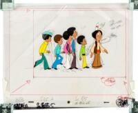 Hand-painted production cel and layout drawing of the Jackson Five brothers and a Native American, from the first season of the animation series