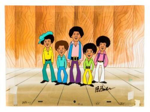 Hand-painted production cel set-up with all of the Jackson Five, with color photocopy of original background