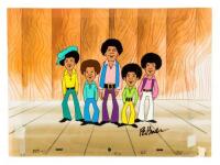 Hand-painted production cel set-up with all of the Jackson Five, with color photocopy of original background