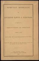 Special Message of Governor Samuel J. Kirkwood, In Reply to a Resolution of Inquiry, Passed by the House of Representatives, March 2d, 1860, in Relation to the Requisition of the Gov. of Virginia, for One Barclay Coppic [sic]