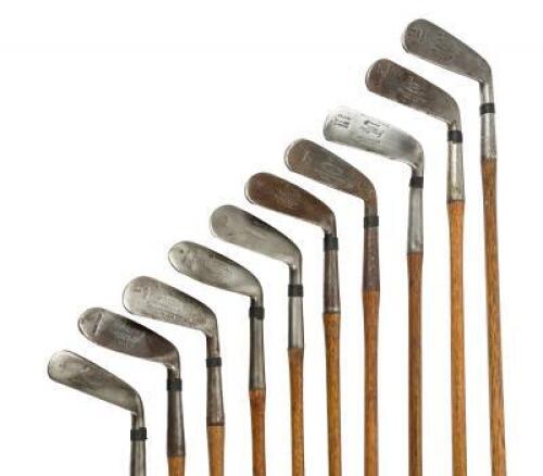 Composed set of ten Tom Stewart wood-shaft play clubs