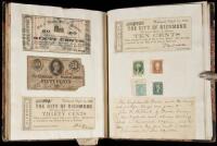 Civil War scrapbook containing clippings, pamphlets, confederate currency, etc.