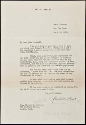 Typed Letter Signed by Amelia Earhart, to a Mrs. Eleanor B. Hartwell, about a friend who is seeking to become an aviator