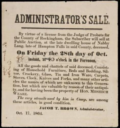 Broadside Auction Notice for the sale of the estate of Nabby Lang including items from the property of Hon. Meshech Weare