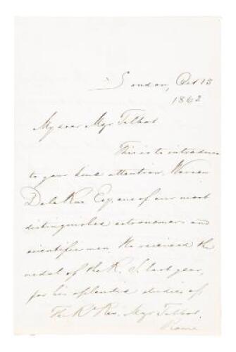 Autograph letter, introducing astronomer Warren de la Rue