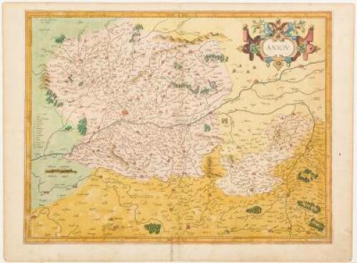 Map of Anjou, France, copper-engraved, hand colored, c.1600