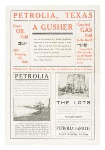 Broadside promoting the oil fields and prospects of Petrolia, Texas, and offering lots for sale