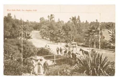 Souvenir Mail Card with photographic image of West Lake Park, Los Angeles, Calif., on front, with panel lifting up to reveal 12 images on accordion-style folding plate