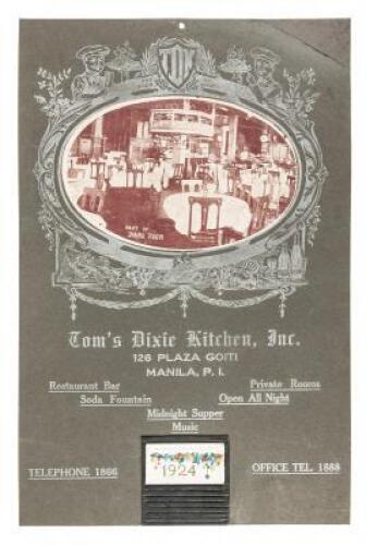 Calendar display board for Tom's Dixie Kitchen, Inc., in Manila, with small calendar for 1924 attached