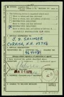 US Postal Service proof of receipt form, signed by J.D. Salinger