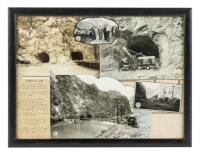 Photo-montage of five photographs of construction of the Hoover Dam, with typed key to the images