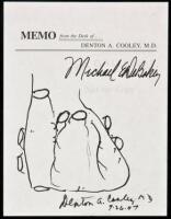Autographs of the two men responsible for the first transplanting of an artificial heart, with a sketch of the human heart