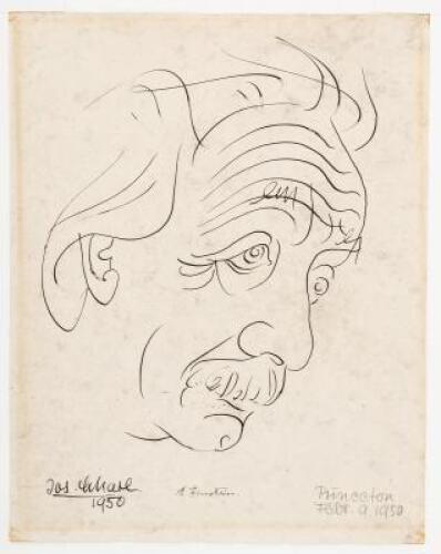 Original ink portrait of Albert Einstein by Josef Scharl, signed by Einstein in ink