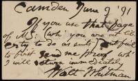 Autograph Postcard, signed, to editor of Lippincott's Magazine