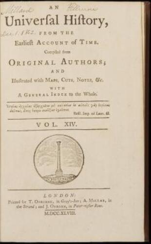 An Universal History, from the Earliest Account of Time, Compiled from Original Authors...Vol. XIV - Millard Fillmore's copy
