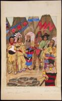 Watercolor of various Indian chiefs and medicine men standing in front of tipis