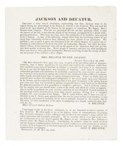 Printed broadside relating to the relationship between Andrew Jackson and Stephen Decatur, quoting Decatur's widow and brother