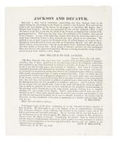 Printed broadside relating to the relationship between Andrew Jackson and Stephen Decatur, quoting Decatur's widow and brother