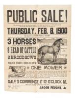 Broadside announcement for the auction sale of horses and cattle from the C.M. Welty farm