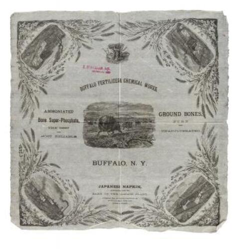 Lithograph broadside for the Buffalo Fertilizer and Chemical Company on a "Japanese Napkin" made from the "Bark of the Rammie Plant"