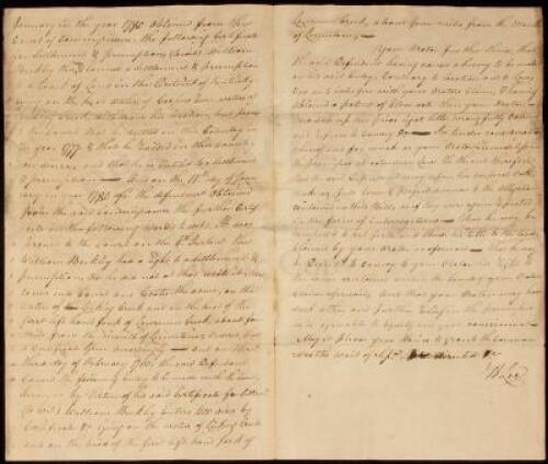 Manuscript legal appeal to the judges of Mason County Court in Chancery regarding conflicting claims on a parcel of land, signed by Henry Lee