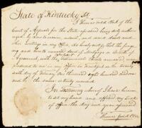 Manuscript document signed by Thomas Todd as chief clerk of the Kentucky Court of Appeals,