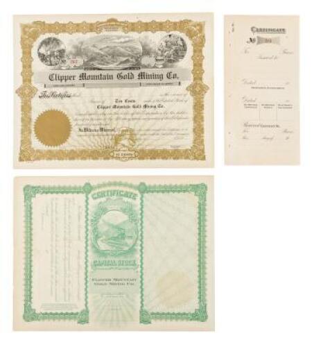 Two certificates for shares in the Clipper Mountain Gold Mining Company