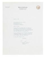 Typed letter, signed, as Governor of California
