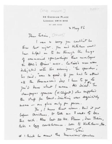 Manuscript letter from Eric Ambler to Julian Symons