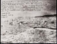 Description of the dropping of the atomic bomb on Hiroshima, written in ink on a photograph of the destroyed city, by Theodore "Dutch" Van Kirk, navigator aboard the Enola Gay during the mission