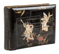 Japanese lacquered album with elaborate bone and mother-of-pearl carved insets on cover, hand-painted silk mats within