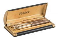 Parker 51 14K Gold Buckskin Beige Blue Diamond Double Jewel Vacumatic Fountain Pen with Matching Propelling Pencil, Original Box