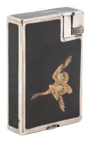 Savory Lighter with Maki-e Duck Motif, Stainless Steel and Black Lacquer, with Original Box, Signed