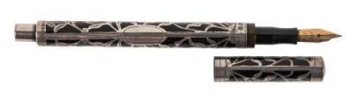 Sterling Silver Leaf and Flower Filigree Black Lacquer Self-Filling Fountain Pen, Exceptional