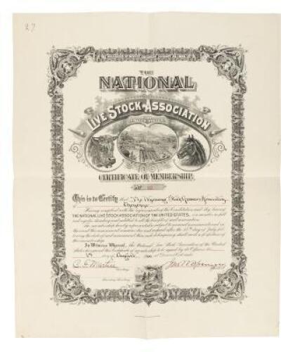 Membership certificate for the Wyoming Stock Growers Association in the National Live Stock Association of the United States