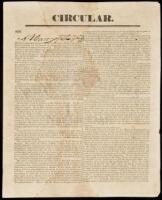 SOLD BY PRIVATE TREATY Printed circular presenting A. Harry (?) as agent of Duff’s newspaper United States Telegraph, with much on his break with the administration of Andrew Jackson