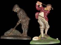 Two cast iron door stops with golfing figures