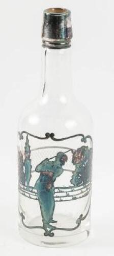 Glass bottle, with sterling silver golfing overlay