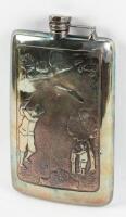 Silver-plate hip flask with embossed golfing scene